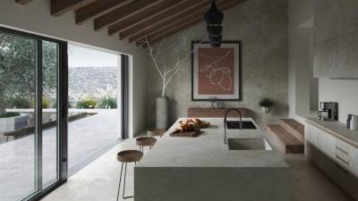 $!Suelo, revestimiento e isla de cocina con Neolith Rapolano.