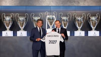 Héctor Colonques, presidente de Porcelanosa Grupo, junto a Emilio Butragueño, director de Relaciones Institucionales del Real Madrid.